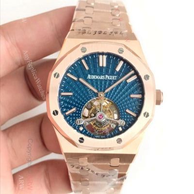 Swiss Replica Audemars Piguet Royal Oak Extra-Thin Tourbillon 2924 Watch Rose Gold Blue Dial